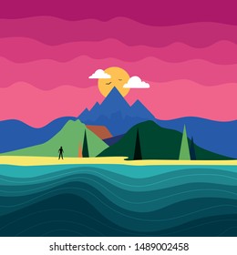 Vector illustration with man silhouette, mountain landscape, ocean and trees