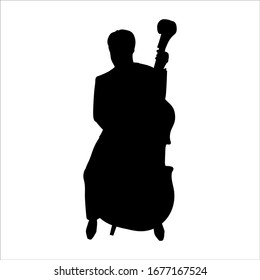 Vector Illustration of man silhouette playing the contrabass in the style of the 1920s.  Character isolated on a white background