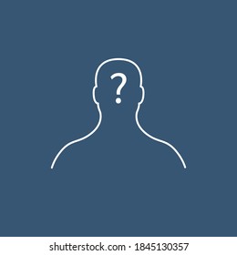 Ilustración vectorial de la silueta humana con signo de interrogación en la cabeza. Concepto de búsqueda de respuestas o ideas. Diseño de estilo lineal.