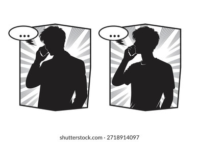 Vektorgrafik von Mann Silhouette sprechen auf Smartphone mit Sprechblase im Comic-Panel-Stil, einzeln auf weißem Hintergrund.