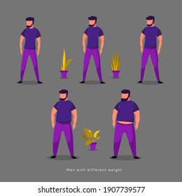 Ilustración vectorial de siluetas de hombre con diferente peso de la anorexia a extremadamente obesas. Índice de masa corporal, concepto de pérdida de peso.