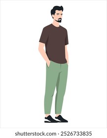 Ilustración vectorial de un hombre. Un look casual sencillo con una camiseta marrón y unos pantalones oliva claros para mayor comodidad.