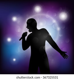 Vector illustration of a man singing with a microphone on the stage.