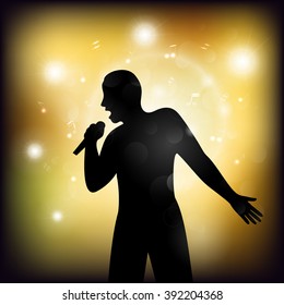 Vector illustration of a  man singing with a microphone on the stage.