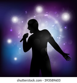 Vector illustration of a  man singing with a microphone on the stage.