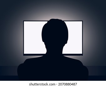 Vector illustration of man sits in front of a blank monitor in dark room