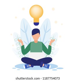 Vector illustration, man sits in lotus position with lap top, concept of creating new ideas/plans, concept of meditation.