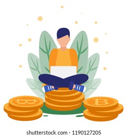 Vector illustration, man sits in lotus position with lap top on bitcoins. Concept of money, investment and new business ideas.