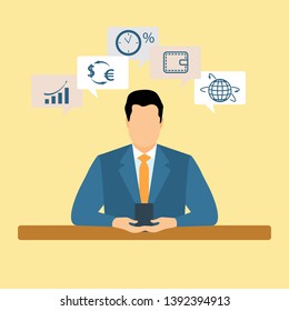 Vector illustration with man sits at a table using device. Electronic payment, internet finance. Financial services. Use of banking technology. Design for apps, websites, print, presentation.