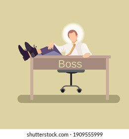 Vector illustration. A man sits at a table with his feet on the table. A halo shines on his head. On the table is the inscription "Boss". Flat.