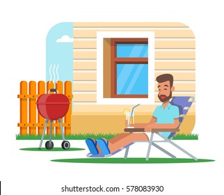 Vector illustration of man sitting in armchair near house with glass of lemonade, cooking barbecue and taking rest. Cartoon character. Flat design.
