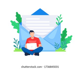 Vector illustration Man sitting by opening a laptop. Concept of an email marketing business, Referral marketing. Young man opened a laptop with a letter background. Vector in flat style