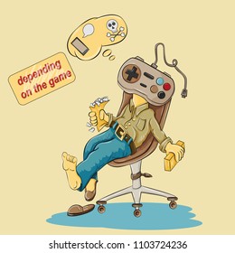 vector illustration of a man sitting in a chair with a game joystick instead of a head in his hands, holding popcorn social problem game addiction, bad habits