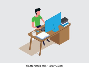 Vector illustration of a man sitting at a desk. Office work done at home. sitting in front of the computer