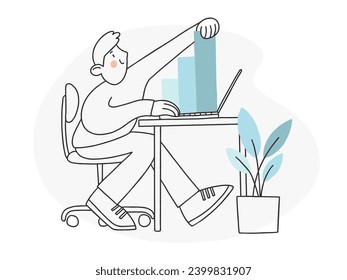 Ilustración vectorial del hombre sentado en el escritorio sostiene la gráfica de columnas