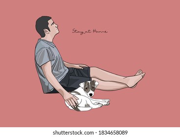 Ilustración vectorial de un hombre sentado con un perro