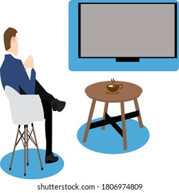 
Vector illustration of a man sitting enjoying a cup of coffee looking at the big monitor.