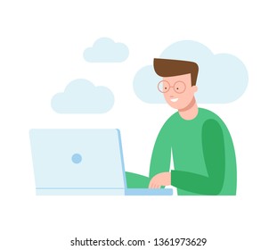 Vector illustration of a man sitting in front of the computer and working on a project, searching, chating.