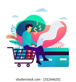 Vector illustration of a man sitting with laptop making online transaction. processing payment from shopping online. Electronic bill from online purchasing payout
