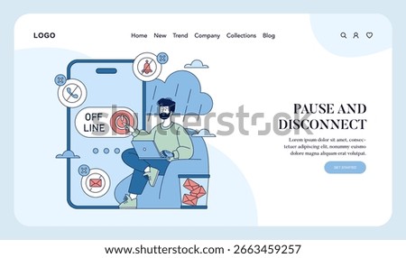 Vector illustration of a man sitting with a laptop, pressing a button to go offline. Depicts digital disconnection with icons representing communication and notifications.