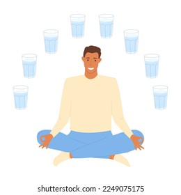 Vector illustration of a man sitting in a lotus position surrounded by glasses of water. The concept of healthy habits and maintaining water balance. Isolated design on a white background.