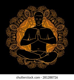 Vector illustration man sitting in the lotus position doing yoga meditation