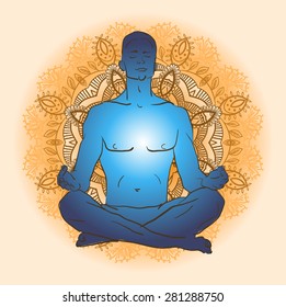 Vector illustration man sitting in the lotus position doing yoga meditation