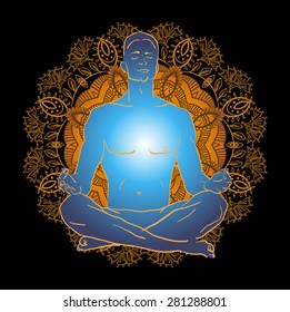 Vector illustration man sitting in the lotus position doing yoga meditation