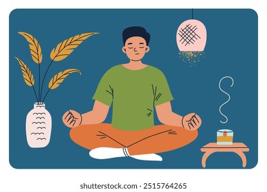 Ilustración vectorial de hombre sentado en pose meditativa con expresión serena. Practicar la atención plena, calmar Elementos como la vela de incienso y la planta de interior. Estilo plano de la historieta, atmósfera pacífica