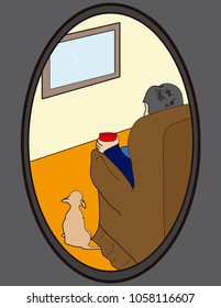 Vector illustration of a man sitting on a chair with a cup on his hand. He is looking at a window, and a small chihuahua dog is siting next to him.