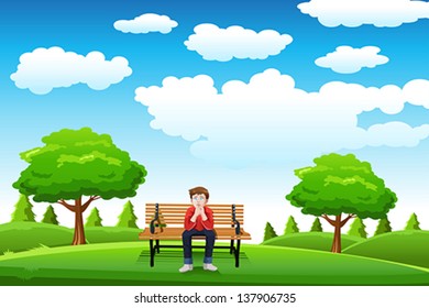A vector illustration of a man sitting on the bench in a park alone