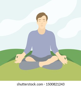 Vector illustration of man sitting on grass in lotus pose of yoga. Man practicing meditation, pranayama, technique mindfulness, breath control. Design template for banner, poster, card, advert, flyer.