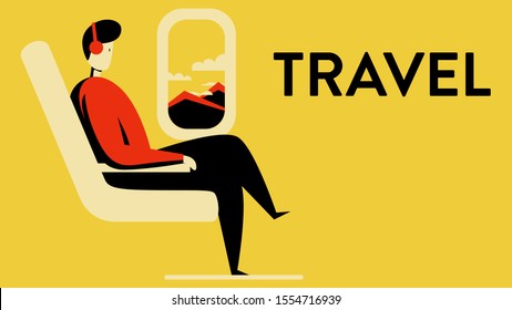 Vector illustration of a man sitting on armchair in an airplane and looking out the window