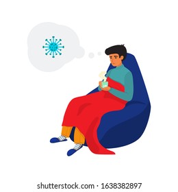 Vector illustration of a man sitting on a chair-bag covered with a red plaid. The guy gets sick and drinks a hot drink. Virus danger concept, high fever, signs of illness