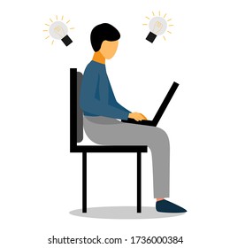 Vector illustration of a man sitting on a chair and working using a laptop.