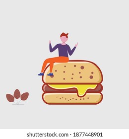 Vector illustration. man sitting on a hamburger. modern flat people character.