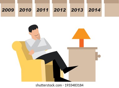 ilustración vectorial de un hombre sentado en el sofá con su mano en la barbilla y algunos calendarios en la pared y una lámpara en una mesa