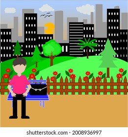 Vector illustration of a man sitting on a chair in a park with a city silhouette background in the evening