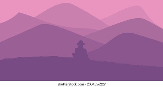 Vector illustration of a man sitting on a hill with a view of a beautiful mountain. sunrise and sunset in the mountains.