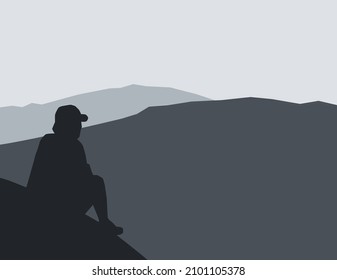 Vector illustration of a man sitting on a mountain with a view of a beautiful mountain range with fog. sunrise and sunset in the mountains.