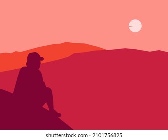 Vector illustration of a man sitting on a mountain with a beautiful view of the mountains. Illustration of a mountain in the evening
