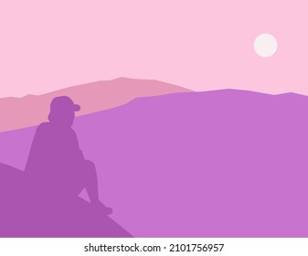 Vektorgrafik eines Mannes, der auf einem Berg sitzt und einen schönen Blick auf die Berge hat. MorgenvormittagsIllustration eines Berges
