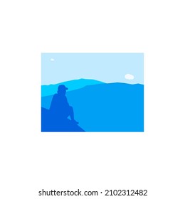 Vector illustration of a man sitting on a mountain with a beautiful view of the mountains. Illustration of a mountain in the noon