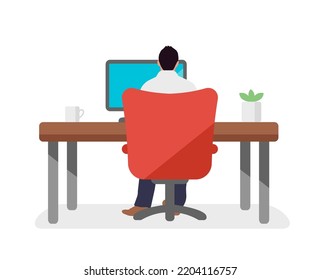 Vector illustration of a man sitting on a chair and working (back view)