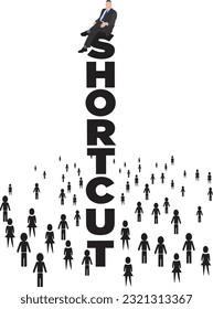 A vector illustration of a man sitting on the text 'shortcut' with a crowd in the background