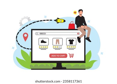 Vector illustration of a man sitting on a computer and shopping online.