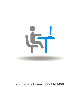 Vector illustration of man sitting on the desk with computer. Icon of office or home computer work. Symbol of support.
