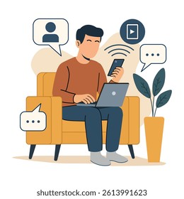 Vector illustration of a man sitting on a sofa using a laptop and smartphone simultaneously. Concept of remote work, multitasking, and online communication