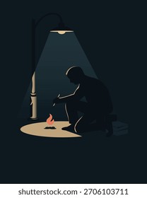 Ilustración vectorial de un hombre sentado en una caja bajo una farola en la noche,