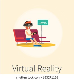 Vector illustration of Man Sitting On Sofa At Home Wearing Virtual Reality Headset. VR Vector Poster. - stock vector